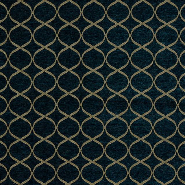 Dark teal geometric fabric with a taupe linked trellis pattern