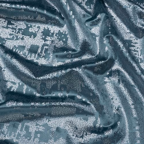 Shimmering duck egg blue patterned fabric with metallic silver highlights and a soft crinkled texture