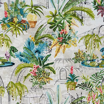 Botanical fabric swatch with lush green ferns, tropical leaves and pale ground