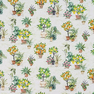 Pale botanical cotton fabric with scattered potted plants in green, yellow and pink