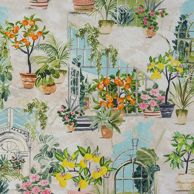 Citrus-toned botanical print with yellow fruit, potted plants and aqua glasshouse details