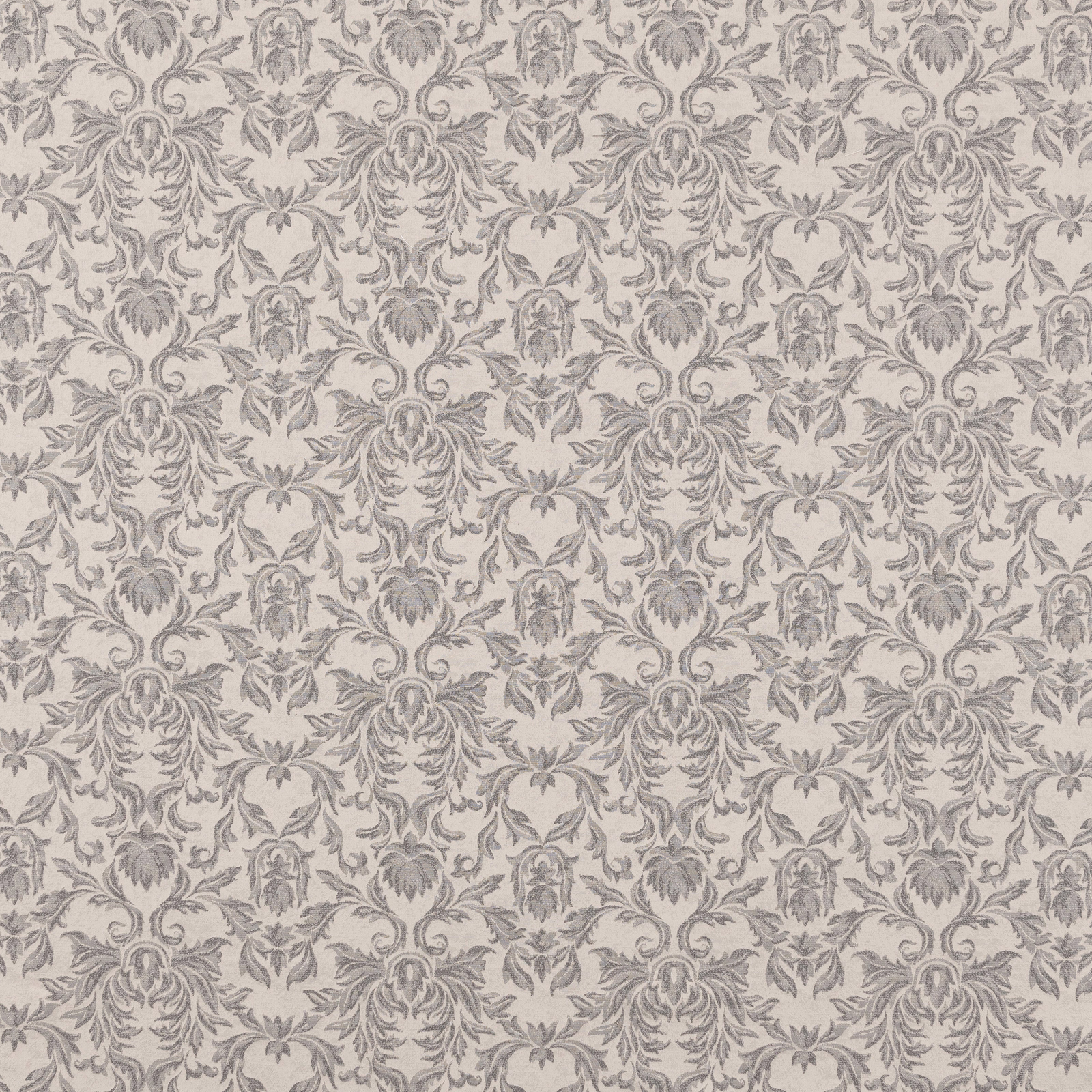 Charcoal grey damask fabric on a pale ground, repeating in a medium-scale scroll pattern