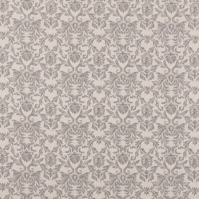 Charcoal grey damask fabric on a pale ground, repeating in a medium-scale scroll pattern