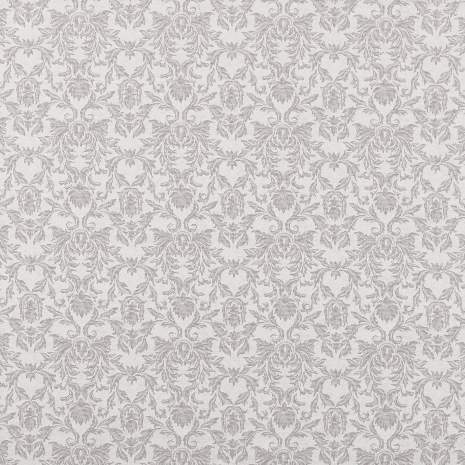 Soft dove-grey damask fabric with a pale ground and tonal woven motif
