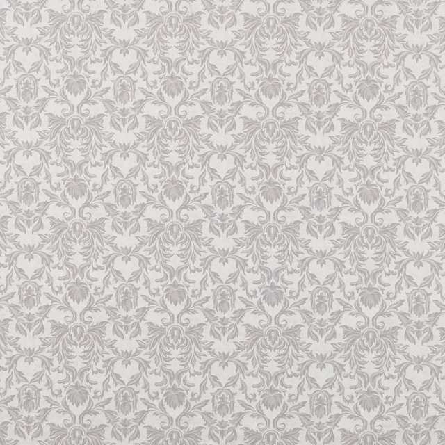 Soft dove-grey damask fabric with a pale ground and tonal woven motif