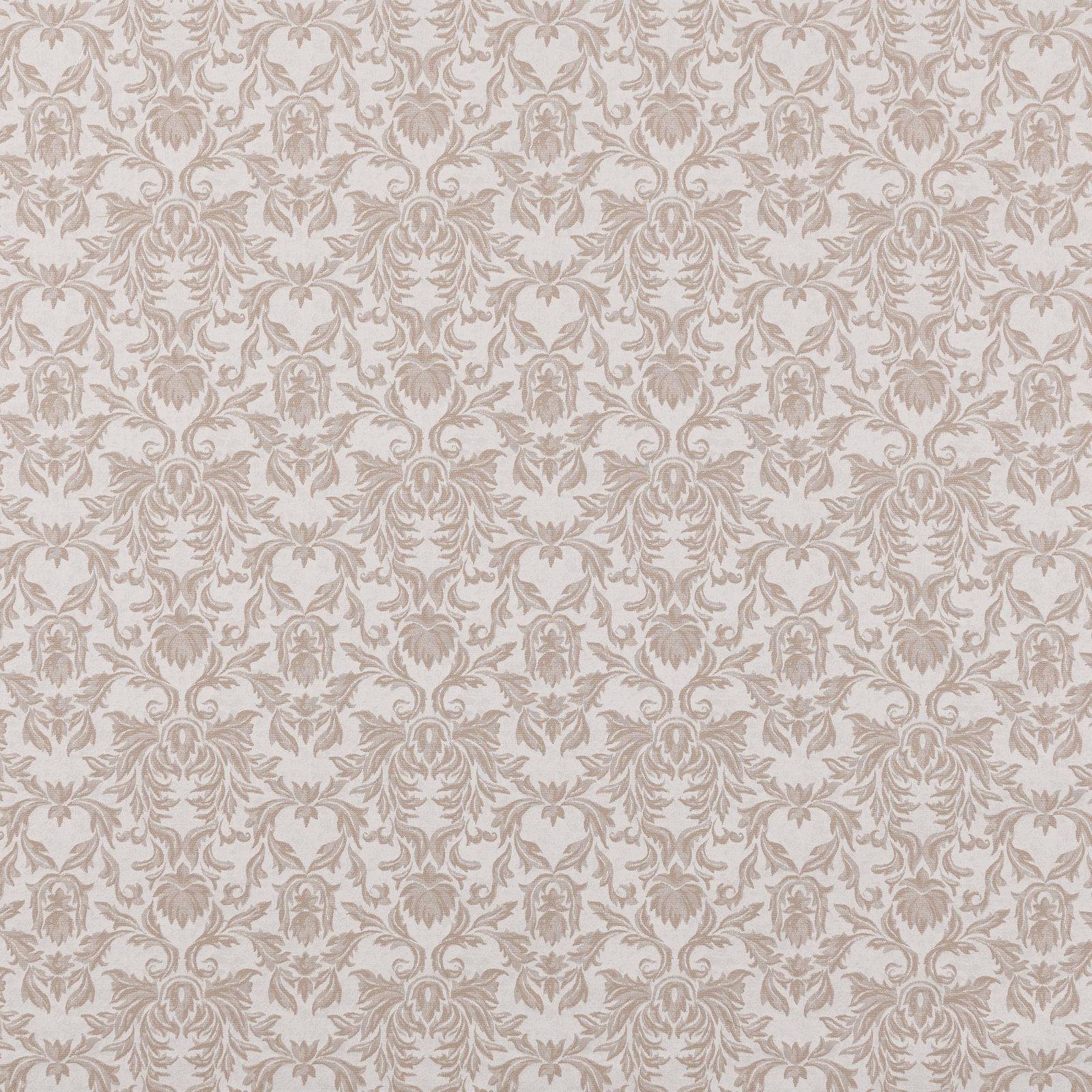 Soft beige damask fabric with repeating ornate floral motif on a pale ground