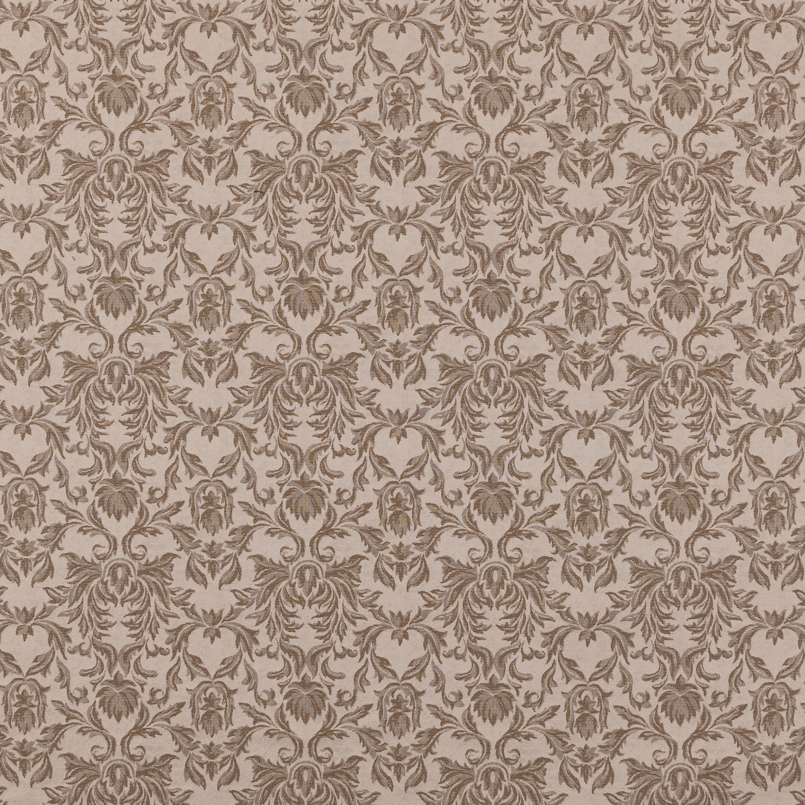 Mocha damask pattern on a pale beige woven fabric swatch