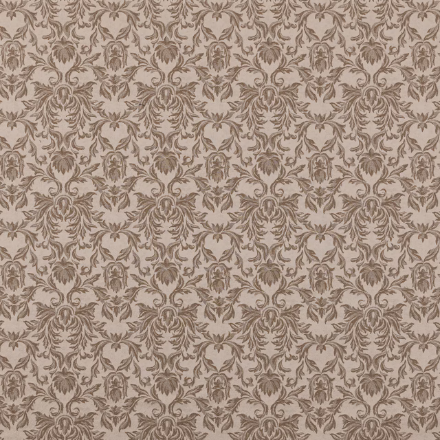 Mocha damask pattern on a pale beige woven fabric swatch