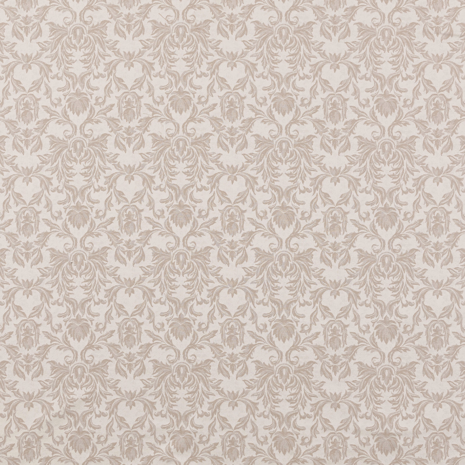 Warm ivory damask fabric with pale beige scrolling floral motif