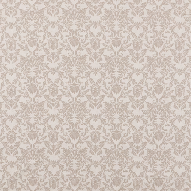 Warm ivory damask fabric with pale beige scrolling floral motif