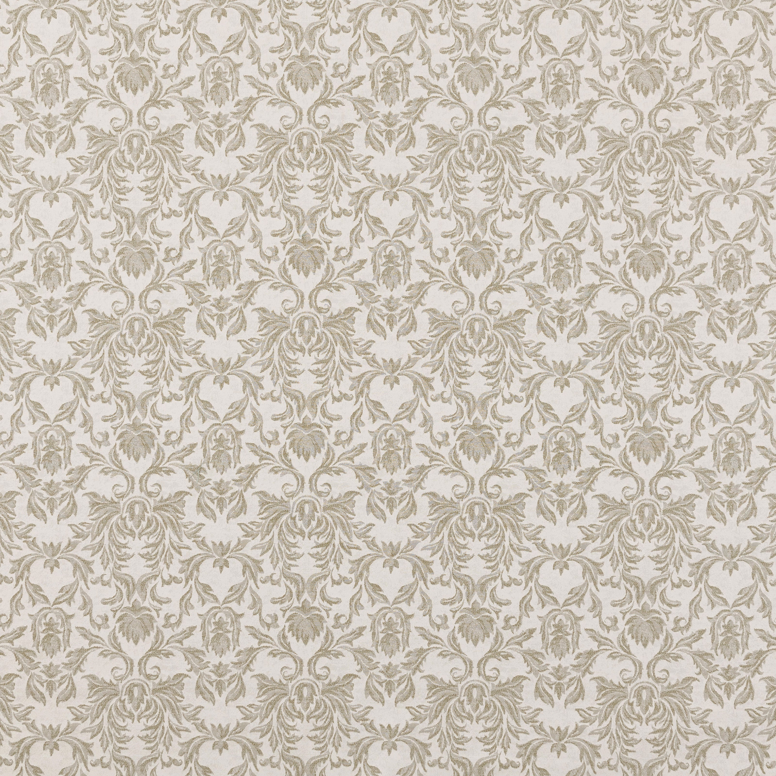 Sage and ivory damask fabric swatch with soft scrolling motif