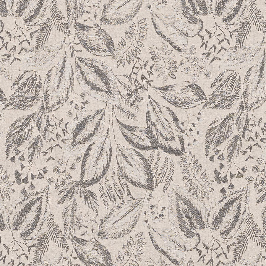 Charcoal botanical leaf fabric on a pale ground with sketchy woven detail
