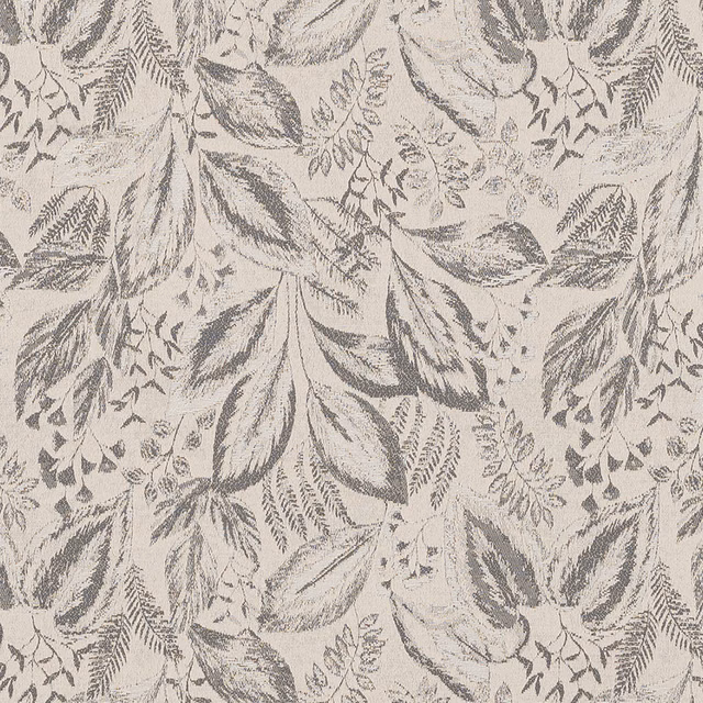 Charcoal botanical leaf fabric on a pale ground with sketchy woven detail
