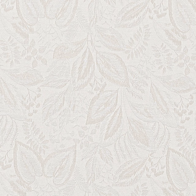 Ivory woven leaf pattern fabric with soft beige shading and subtle texture