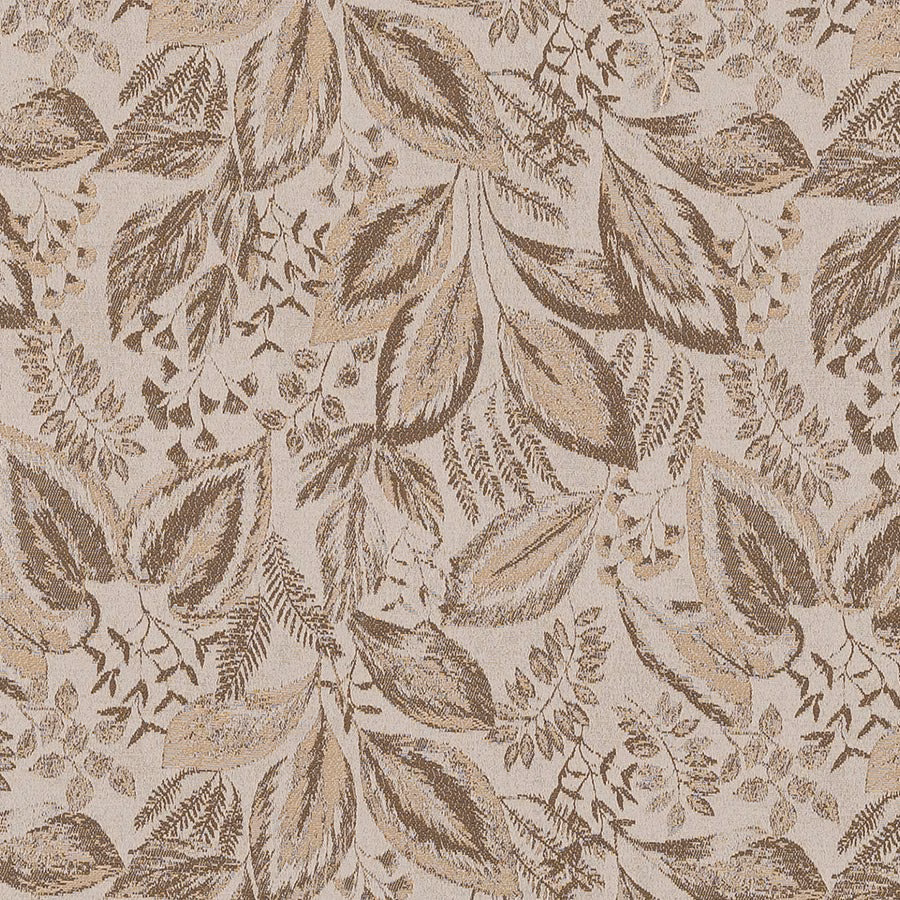 Mocha and taupe woven leaf fabric on a pale beige ground