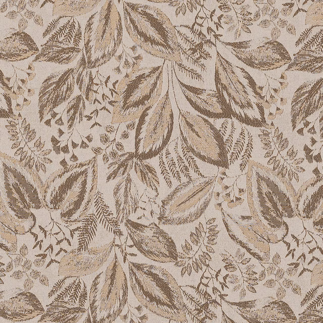 Mocha and taupe woven leaf fabric on a pale beige ground
