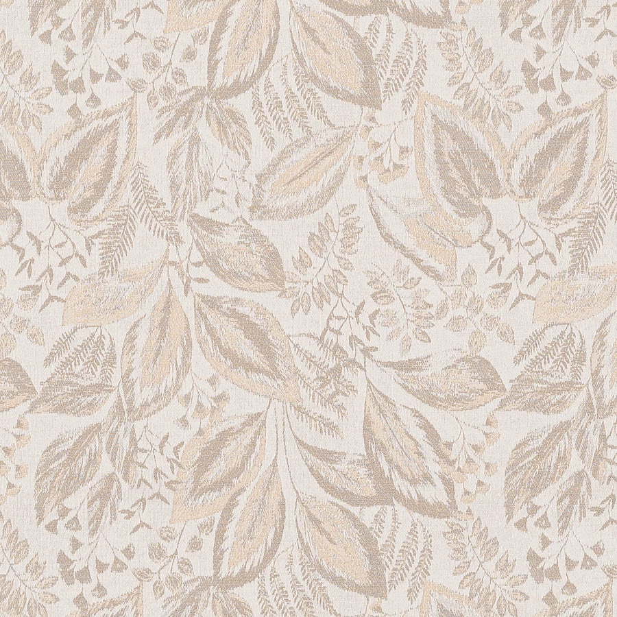 Soft ivory botanical leaf fabric with taupe woven detailing on a pale ground