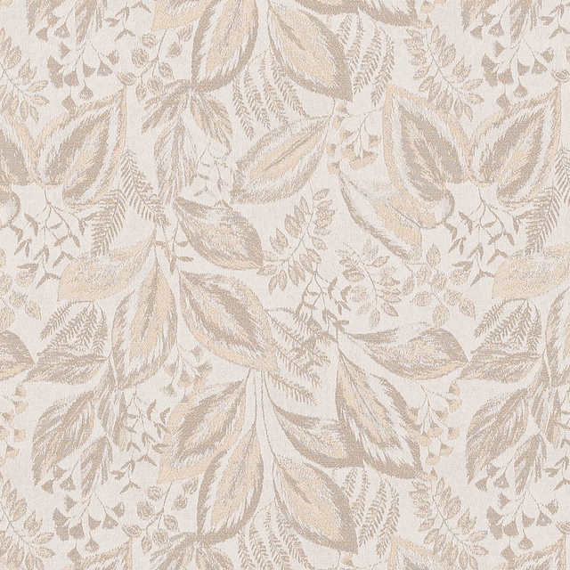 Soft ivory botanical leaf fabric with taupe woven detailing on a pale ground