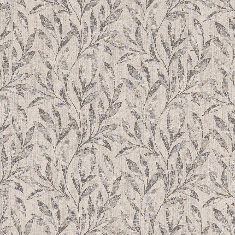 Pale woven fabric with trailing charcoal-grey leaf pattern