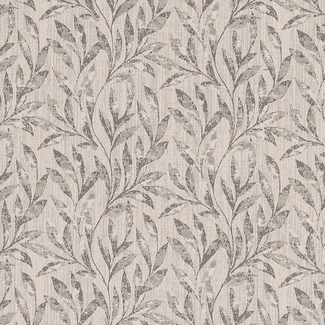 Pale woven fabric with trailing charcoal-grey leaf pattern