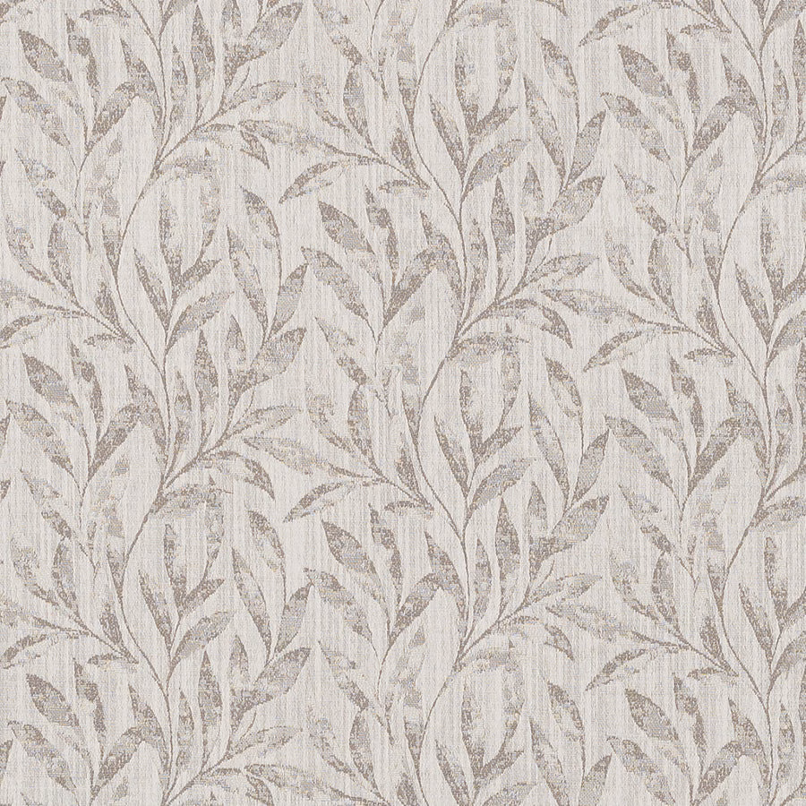 Pale dove-grey leaf pattern on a softly textured ivory fabric swatch