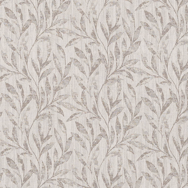 Pale dove-grey leaf pattern on a softly textured ivory fabric swatch