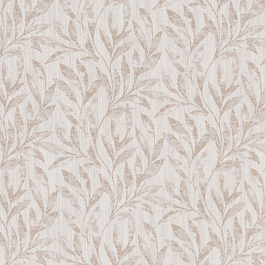 Pale linen-cream botanical fabric with soft beige leaf trail and woven texture