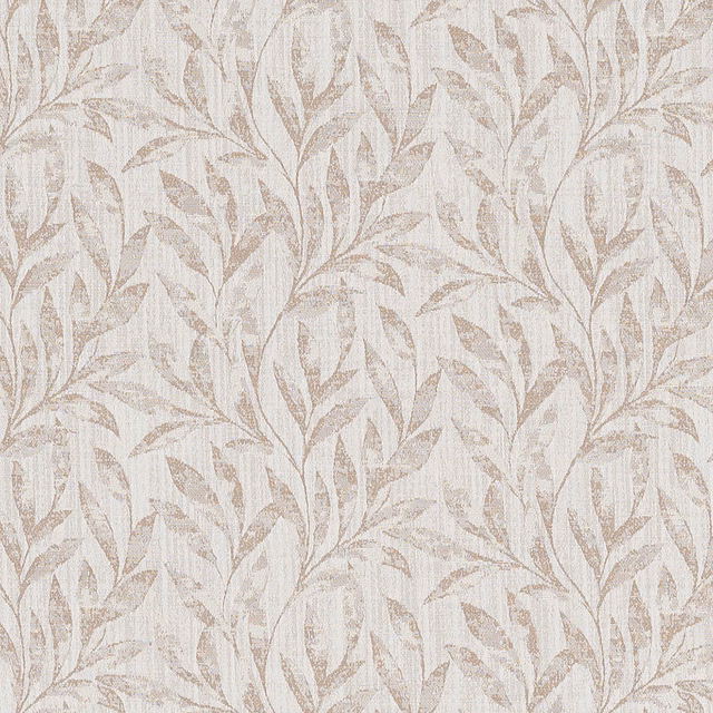 Pale linen-cream botanical fabric with soft beige leaf trail and woven texture