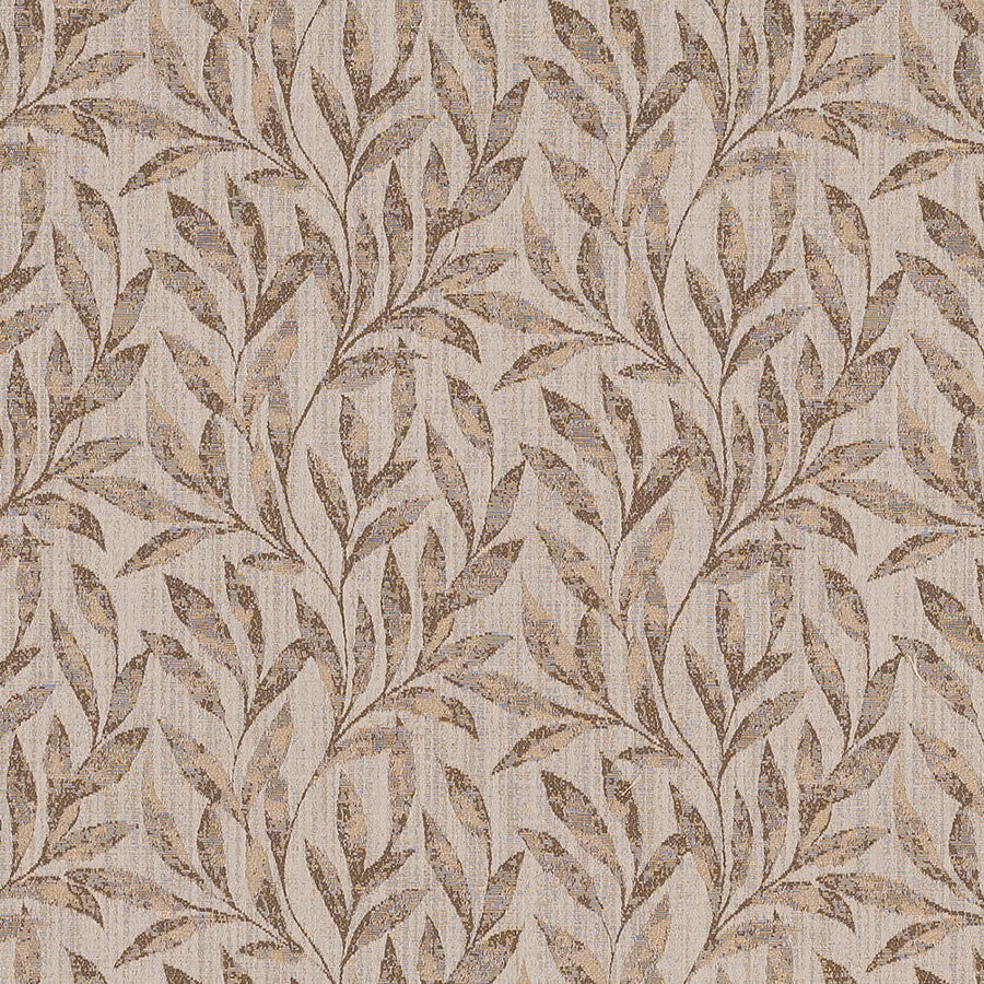 Leafy mocha and beige woven fabric swatch with a textured neutral ground