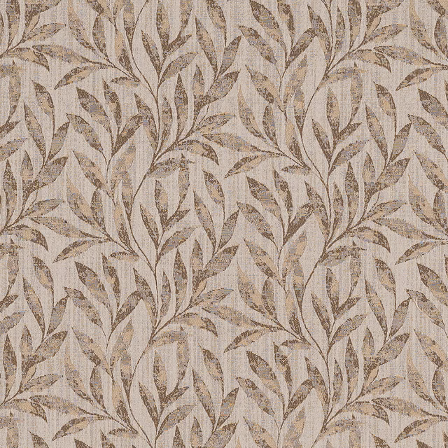 Leafy mocha and beige woven fabric swatch with a textured neutral ground