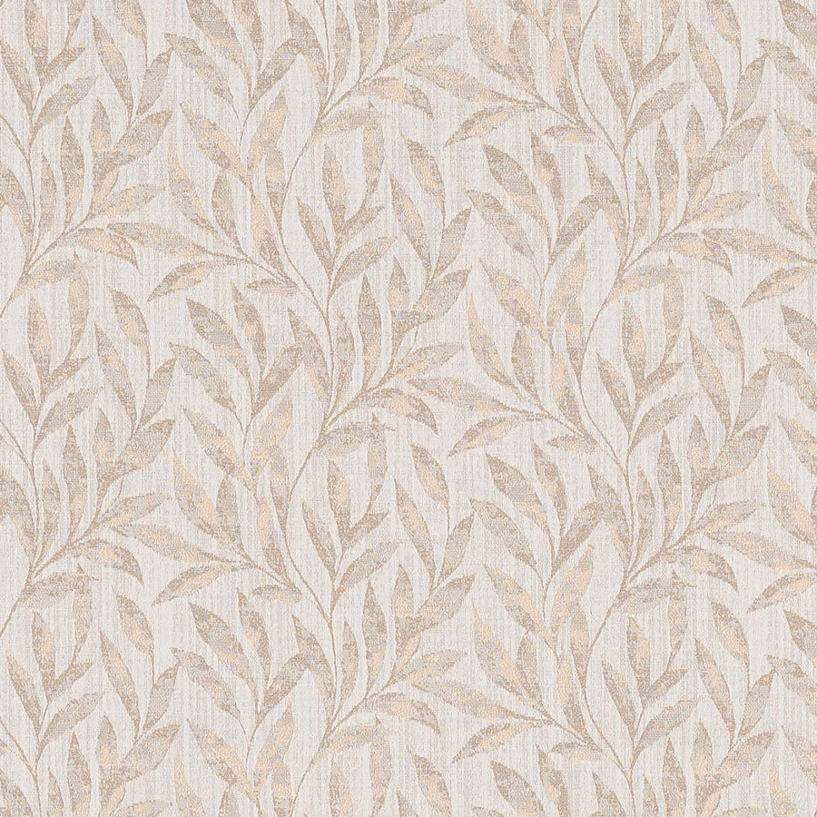Pale cream botanical leaf fabric with softly textured woven leaves