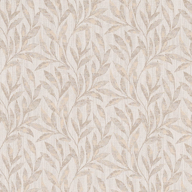 Pale cream botanical leaf fabric with softly textured woven leaves