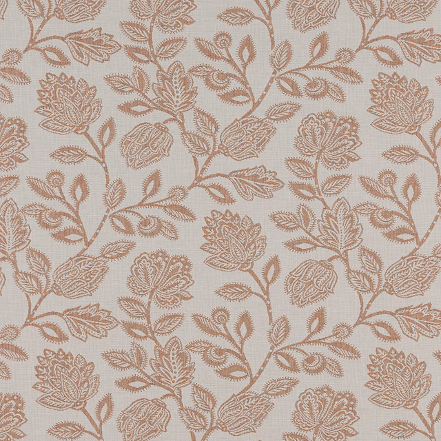 Amber floral trailing vine pattern on a pale woven ground
