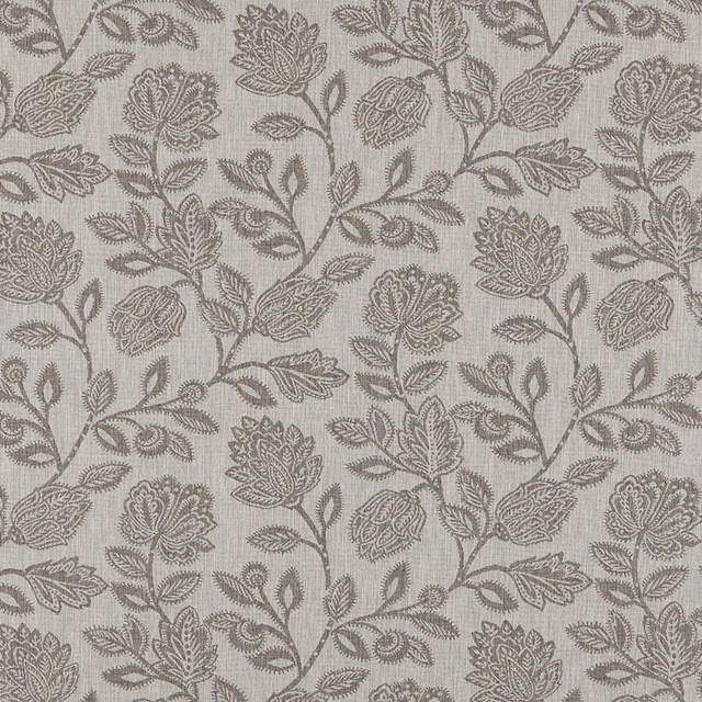 Close-up of dove grey floral vine fabric on a pale woven ground