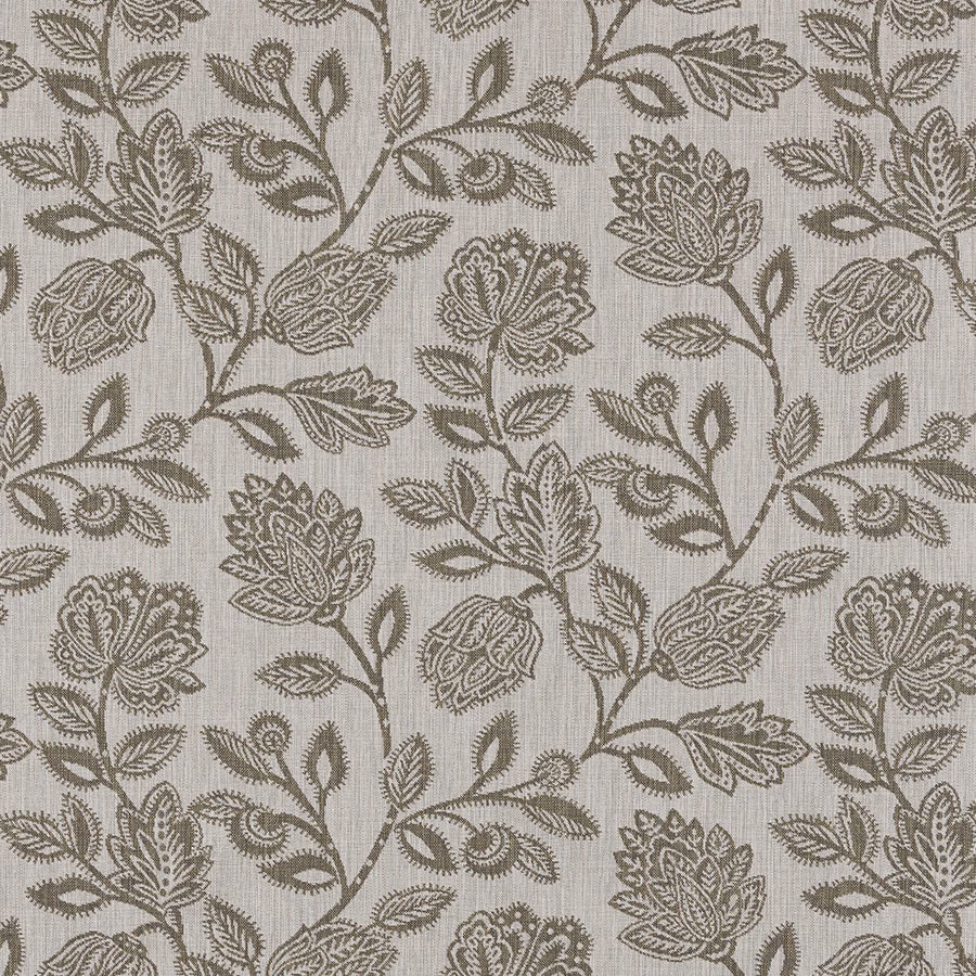 Olive botanical leaf fabric on a pale ground with fine woven texture