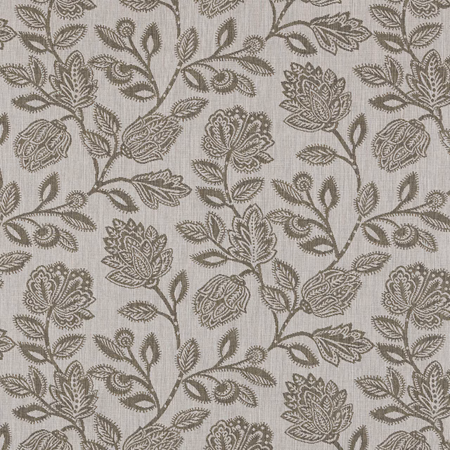 Olive botanical leaf fabric on a pale ground with fine woven texture
