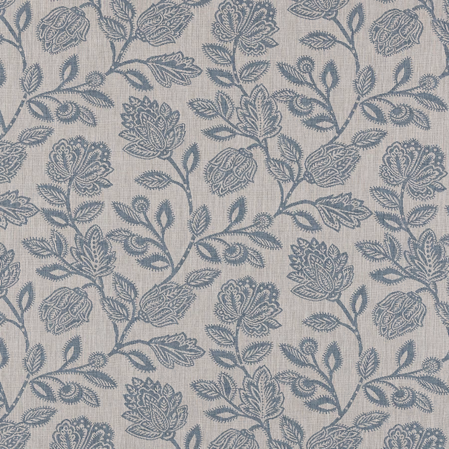 Dusty blue floral trail on a pale linen-look fabric ground