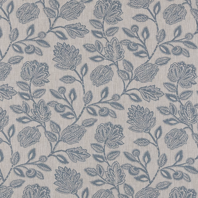 Dusty blue floral trail on a pale linen-look fabric ground
