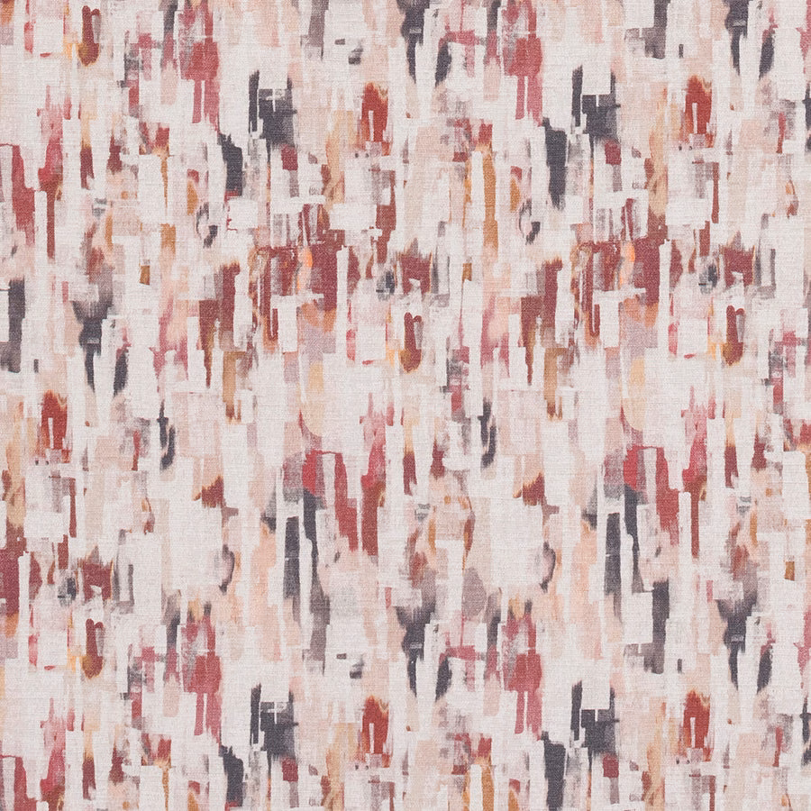 Abstract woven fabric with rosso red, blush and charcoal marks on a pale ground