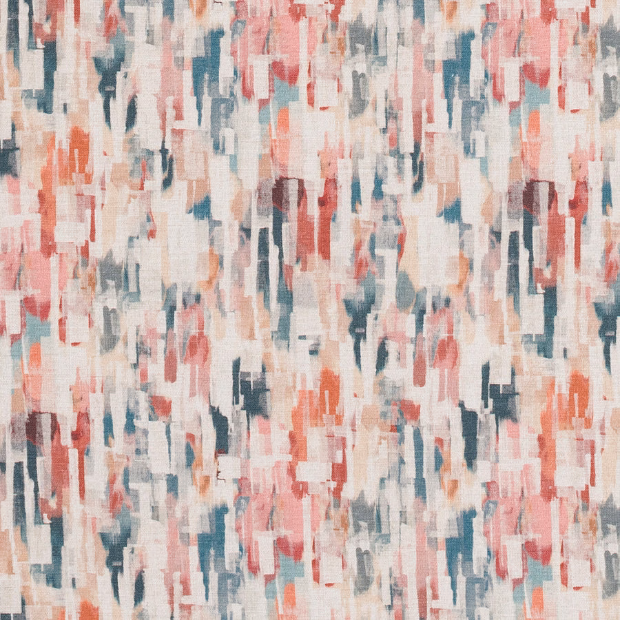 Abstract teal, coral and ivory brushstroke fabric with vertical painterly marks
