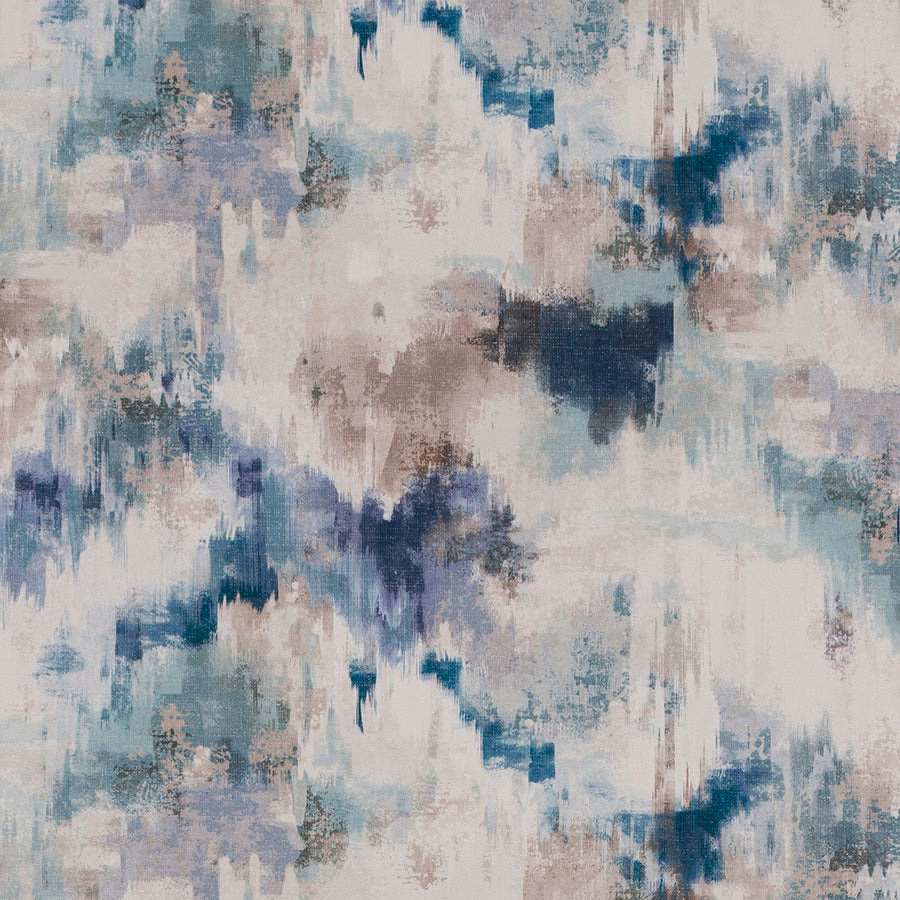 Abstract aqua, teal and taupe fabric swatch with painterly brushstroke blocks
