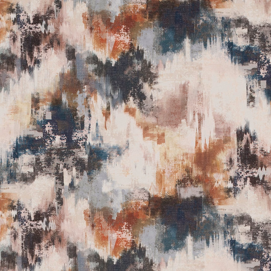 Abstract fabric swatch in dusky teal, rust, ivory and charcoal brushstrokes