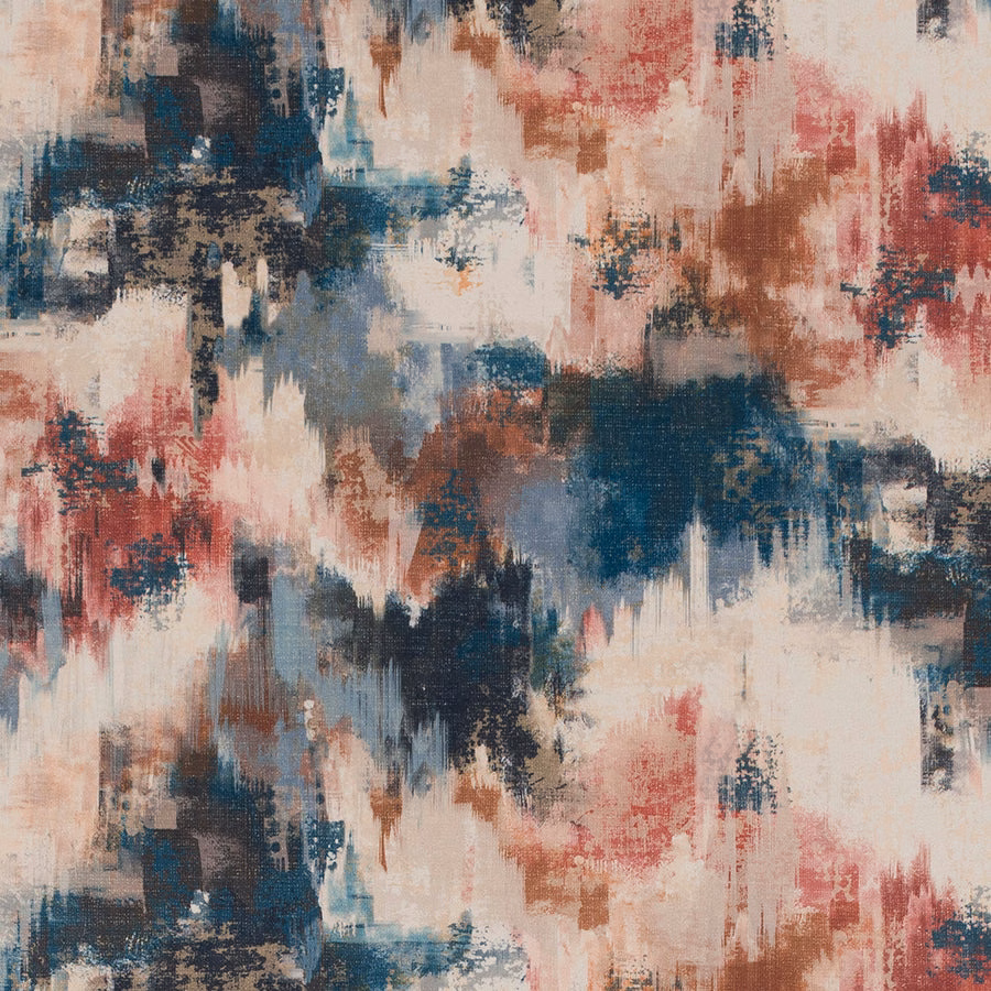Abstract teal, blush and rust painterly fabric with distressed brushed texture