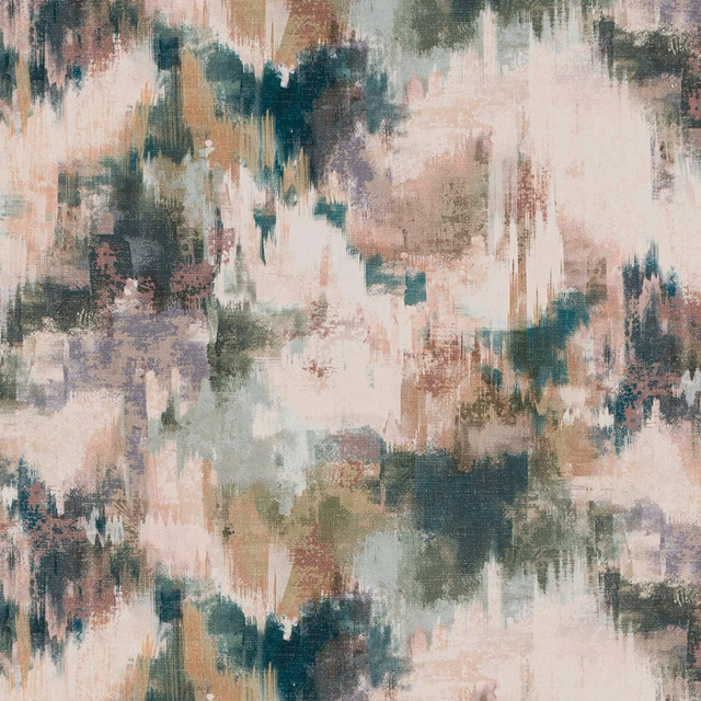 Abstract painterly fabric swatch in willow green, teal, blush and taupe on a pale ground