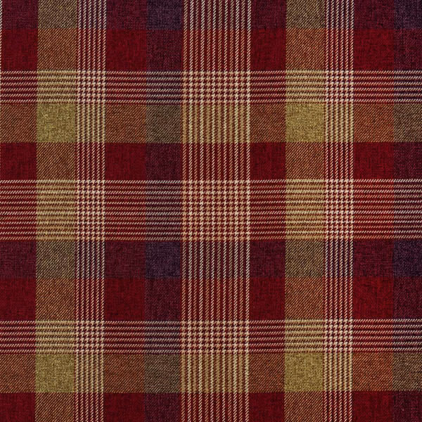 Close-up of a carmine red tartan check fabric with olive and brown stripes