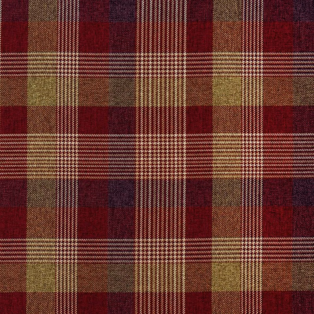Close-up of a carmine red tartan check fabric with olive and brown stripes