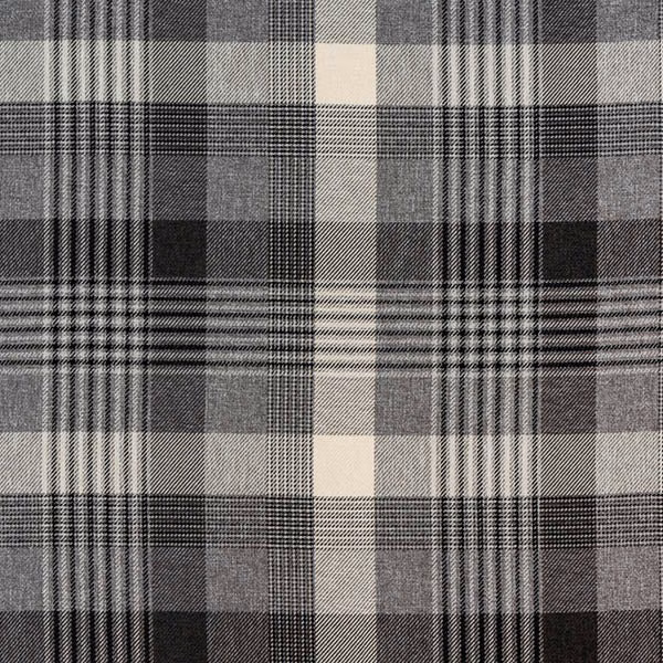 Charcoal grey and ivory checked fabric swatch with crisp plaid pattern