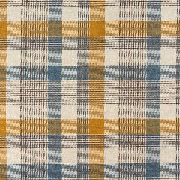 Large checked fabric in cornflower blue, ochre and cream with a crisp woven texture