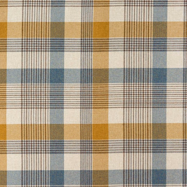 Large checked fabric in cornflower blue, ochre and cream with a crisp woven texture