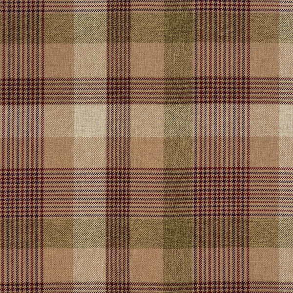 Large beige plaid fabric with burgundy stripes and muted green accents